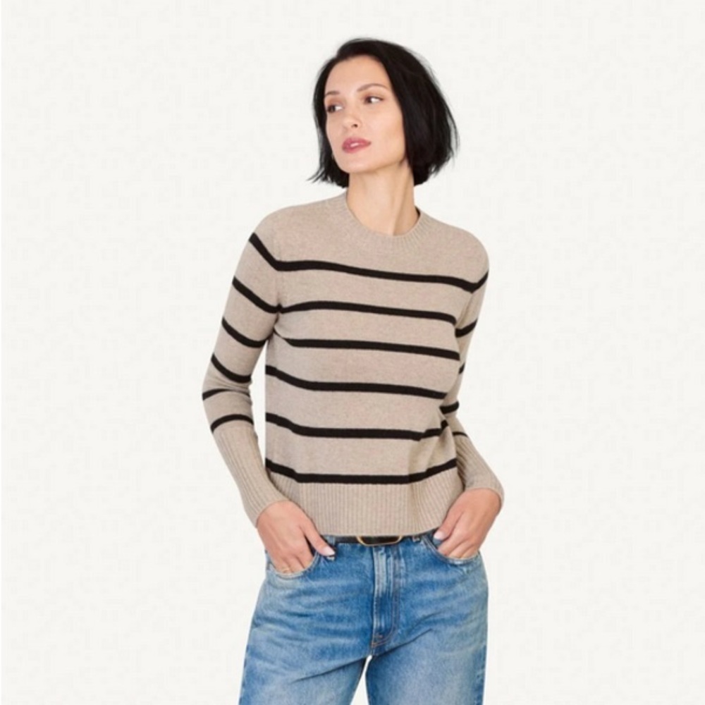 Not Monday Cashmere Jane Striped Crewneck Sweater Latte/Black Striped Classic